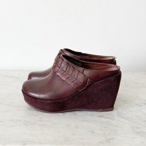 Antelope Burgundy Leather Suede Platform Wedge Mules Clogs Womens 36 5.5